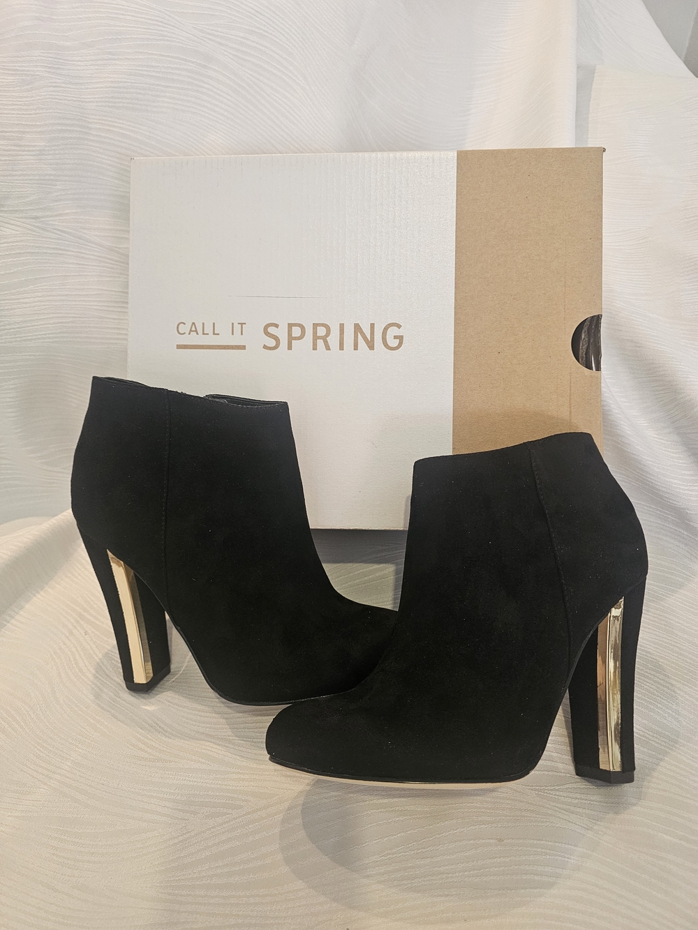 Call It Spring Women's Black Suede Ankle Booties with Gold Accent Heel Size 6.5